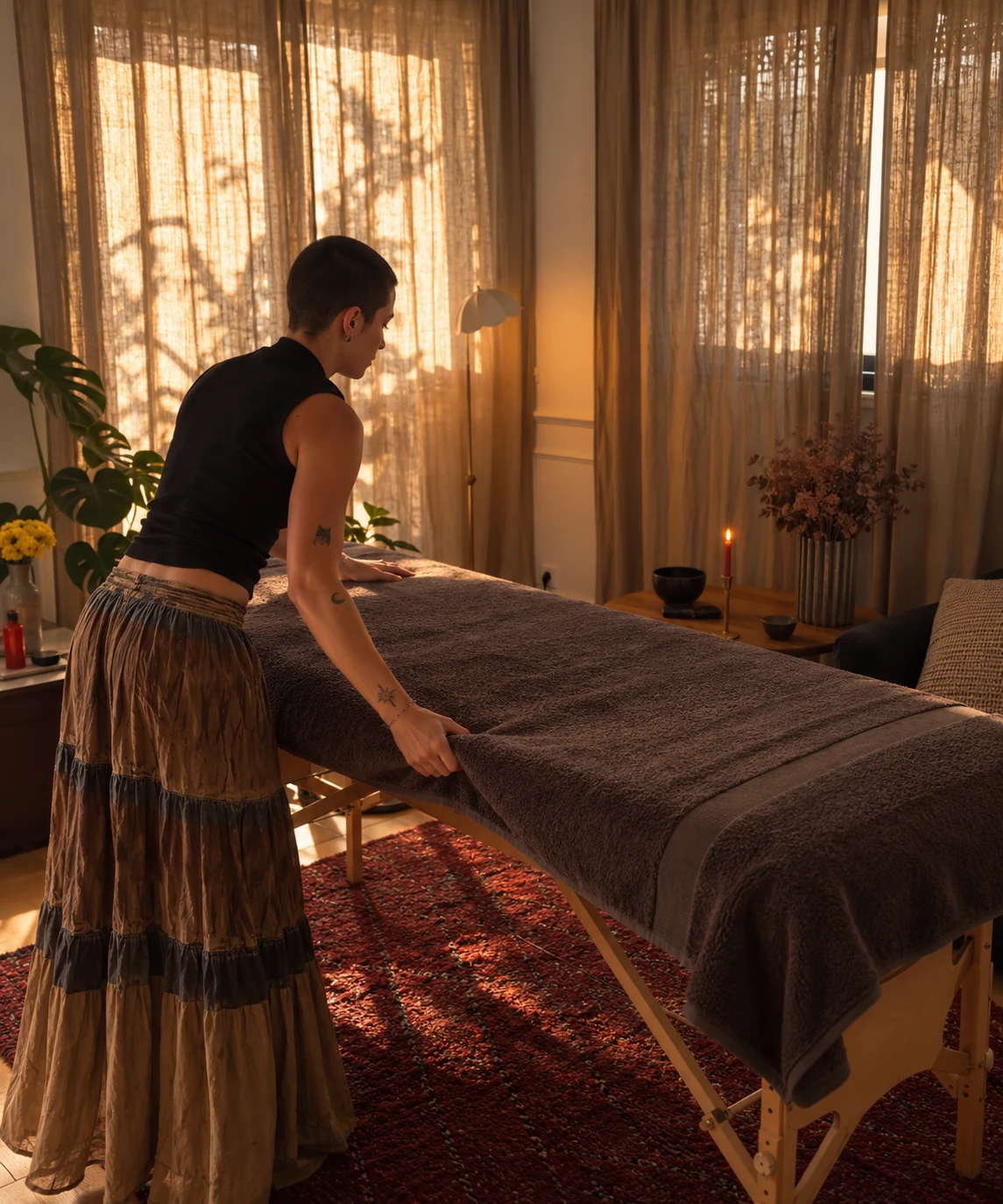 Préparation de la table de massage à domicile