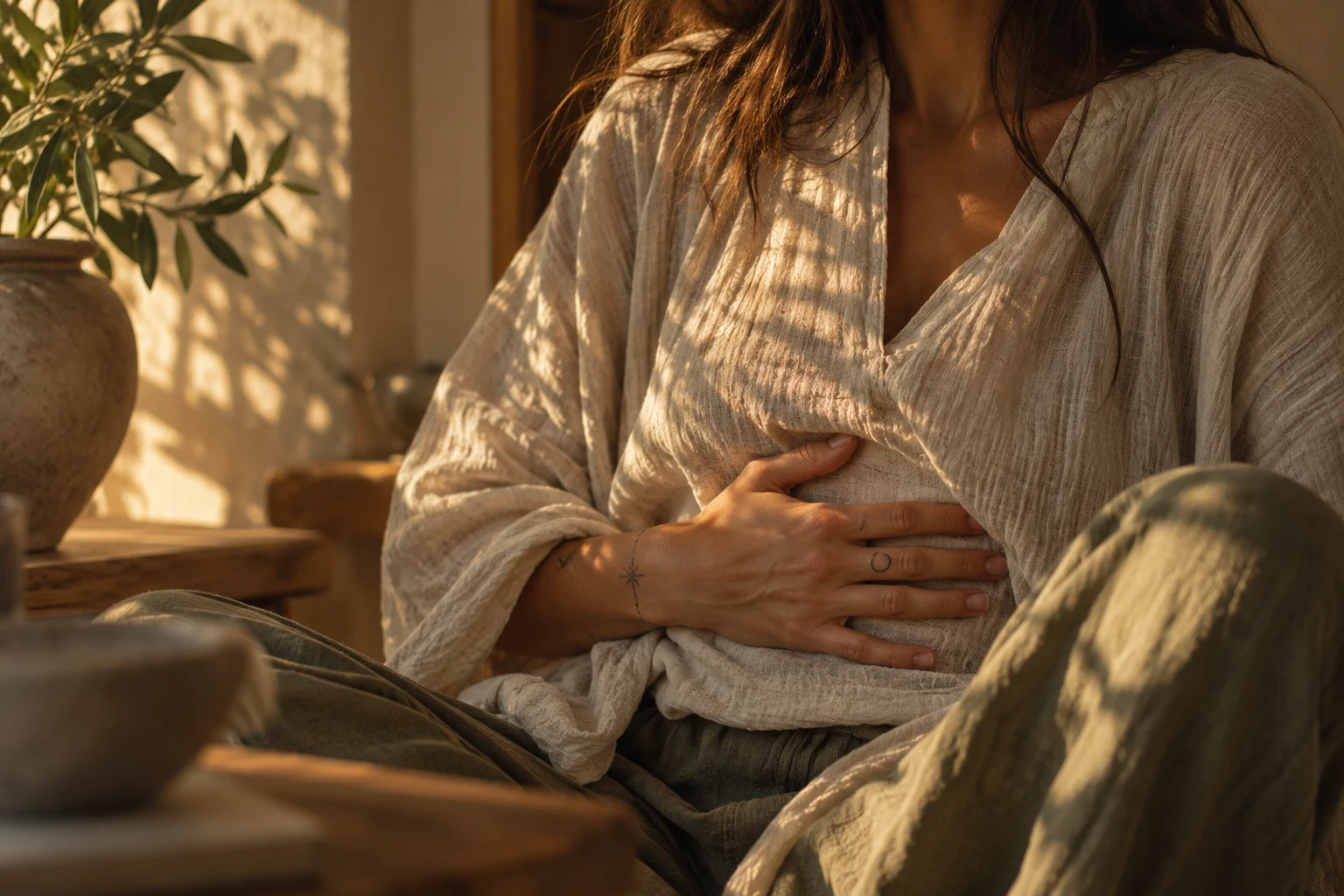 Une femme assise, la main posée sur le ventre, en lumière naturelle